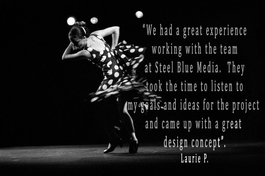 Black and white photo of woman in polka dot dress dancing, what our client's say