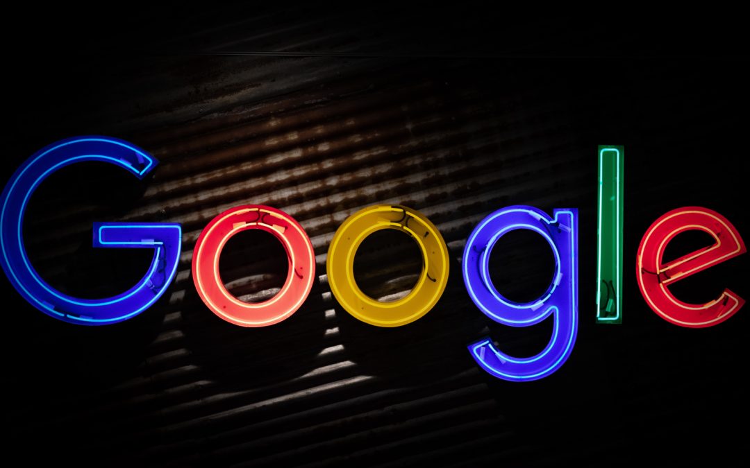 Black back ground with brightly colored word Google. Read about Google at Steel Blue Media